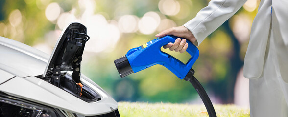 Hand holding Electric car charger. Electric Vehicle EV Charging station on blurred nature with soft light background.  Air pollution and reduce greenhouse gas emissions concept. Eco-friendly energy.