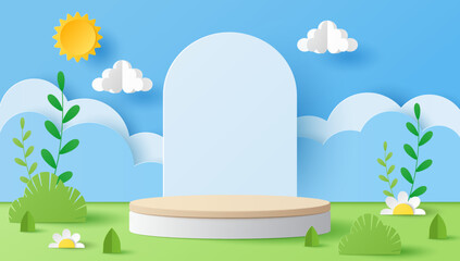 Canvas Print - Paper cut of Summer season on green nature landscape, sun and clouds on blue sky background with wood cylinder podium for your products display presentation