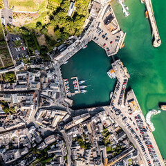 Aerial view directly above the Cornish seaside town of Padstow