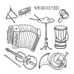 Set musical instruments hand drawn style. Vector black and white doodle illustration