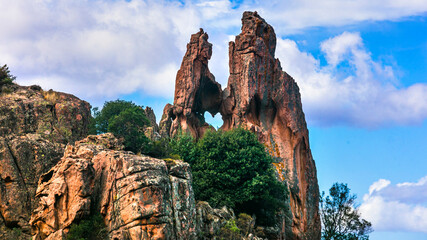 Poster - Corsica island, France. Amazing red rocks of Calanques de Piana. Rock with heart shape.  Unique formations and national park