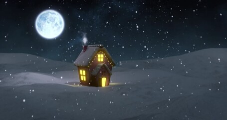 Wall Mural - animation of christmas cottage in winter landscape at night, with full moon and falling snow