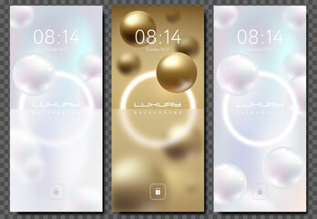 Luxury Flying Jewelry Pearl and Gold Sphere White Glow Ring Frame Smartphone Wallpapers Set with glassmorphism element. Vector smartphone screenlock delicate theme. Abstract mobile science design