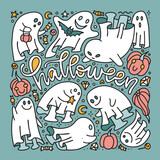 Fototapeta Dinusie - Hand Drawn Ghost Doole Sketch with Ghost characters and Calligraphy lettering Text. Phantoms Collection Icons for Halloween Banners, Cards, Posters. Childish Scary spook. Vector linear Illustrations