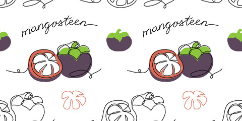 Wall Mural - Mangosteen exotic fruit vector pattern. One continuous line art drawing pattern of mangosteen pattern