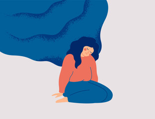 Wall Mural - Tired woman not resists the mental problems hanging over her. Exhausted girl does not struggle with life difficulties. Burnout and depression concept. Vector illustration