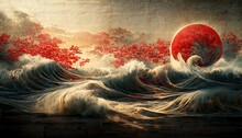 A Full Red Moon Rose Over The Water And The Trees. 3D Illustration