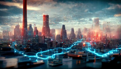 Aufkleber - An industrial city with business centers against the backdrop of a sunset. 3D rendering