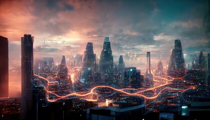 Poster - Against the backdrop of a sunny sunset, a modern city with skyscrapers roads and developed infrastructure. 3D rendering