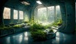 Green grass sprouted inside an abandoned laboratory building. 3D illustration