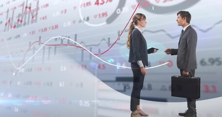 Wall Mural - Animation of diverse financial data and graphs over caucasian female and male