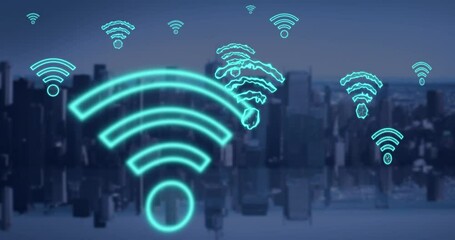 Animation of digital wifi icons flying over cityscape
