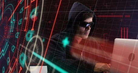 Wall Mural - Animation of neon shapes over caucasian male hacker in glasses