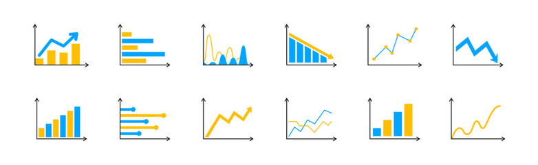 Set of business graph and charts icons. Business data charts. Colorful diagrams, schemes, infographic. Statistics, data, growth and falling icons set.