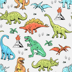 Wall Mural - Dinosaur seamless pattern. Hand drawn vector dinosaurs with background view. Pattern with Tyrannosaurus Rex, Stegosaurus, Brachiosaurus, Triceratops, and Pterodactyl cartoons.