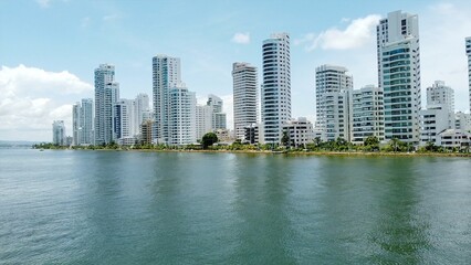 Colombia , Cartagena de Indias - Drone aerial view of t the new modern district Bocagrande with  skyscrapers and luxury home - Unesco Heritage world in Caribbean Sea ocean - tourist destination 