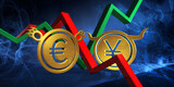 Fototapeta Góry - bullish jpy or cny to bearish eur currency. foreign exchange market 3d illustration of japanese yen or chinese yuan to european euro. money represented  as golden coins
