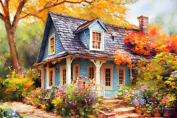 Fairy tale rustic country house gold autumn