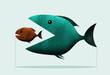 Big fish eats small, takeover of the company. Art collage.