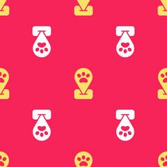 Poster - Yellow Location pet grooming icon isolated seamless pattern on red background. Pet hair salon. Barber shop for dogs and cats. Vector