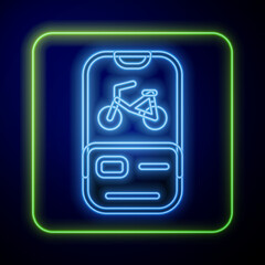 Wall Mural - Glowing neon Bicycle rental mobile app icon isolated on blue background. Smart service for rent bicycles in the city. Mobile app for sharing system. Vector