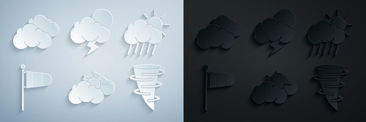 Wall Mural - Set Sun and cloud weather, Cloud with rain sun, Cone meteorology windsock wind vane, Tornado, Storm and icon. Vector