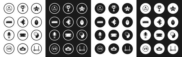 Wall Mural - Set Star, Piece of puzzle, Video game console, Medal, Computer mouse gaming, Award cup, Head hunting concept and Microphone icon. Vector