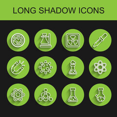 Sticker - Set line Chemical formula, Bacteria, Test tube and flask chemical, Atom and icon. Vector