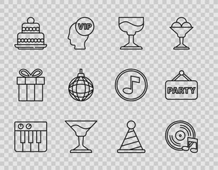 Poster - Set line Music synthesizer, Vinyl disk, Cocktail, Cake, Disco ball, Party hat and Signboard party icon. Vector