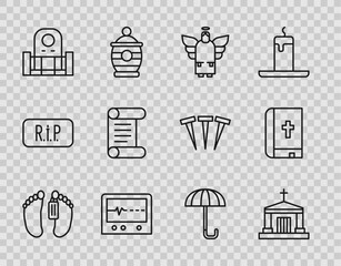 Poster - Set line Dead body, Old crypt, Christmas angel, Beat dead in monitor, Grave with tombstone, Decree, parchment, scroll, Umbrella and Holy bible book icon. Vector