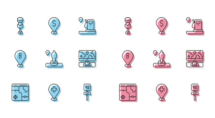 Sticker - Set line Infographic of city map, Medical location with cross, Push pin, Road traffic sign, Location and monument, Monitor marker, and Cash icon. Vector