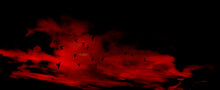 Red Clouds In The Black Sky. Surreal Background With Copy Space For Text, Design. Wide Banner. Fantastic Mystical Night Sky. Website Header.