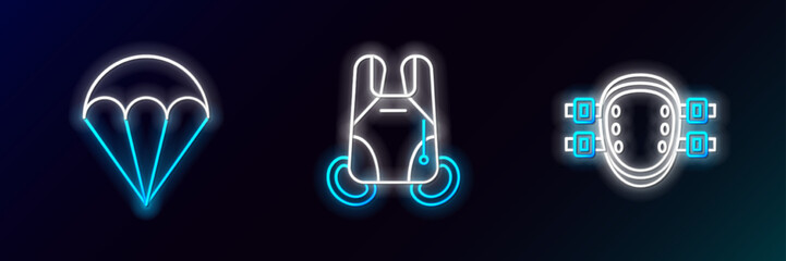 Canvas Print - Set line Knee pads, Parachute and icon. Glowing neon. Vector