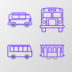 Wall Mural - Set line Old city tram, Bus, School and Retro minivan icon. Vector