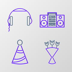 Wall Mural - Set line Bouquet of flowers, Party hat, Home stereo with two speakers and Headphones icon. Vector