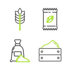 Sticker - Set line Wooden box with harvest, Bag of flour, A pack full seeds specific plant and Cereals rice, wheat, corn, oats, rye icon. Vector