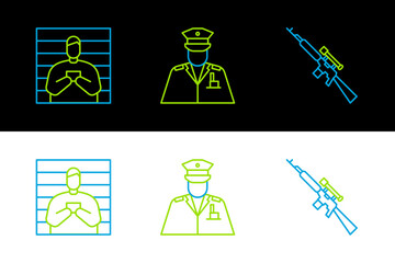 Sticker - Set line Sniper rifle with scope, Suspect criminal and Police officer icon. Vector