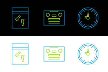 Poster - Set line Clock, Evidence bag and bullet and Retro audio cassette tape icon. Vector