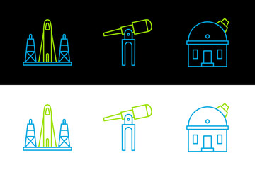 Poster - Set line Astronomical observatory, Rocket launch from the spaceport and Telescope icon. Vector