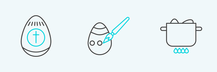 Sticker - Set line Egg in hot pot, Easter egg and and paint brush icon. Vector