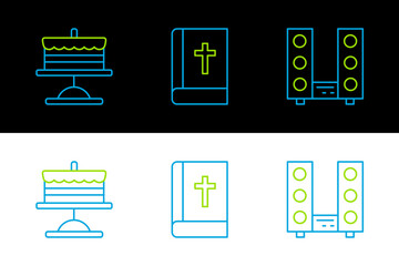 Canvas Print - Set line Home stereo with two speakers, Cake on plate and Holy bible book icon. Vector