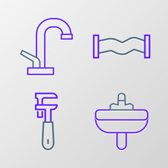 Sticker - Set line Washbasin, Pipe adjustable wrench, Industry metallic pipe and Water tap icon. Vector