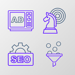 Sticker - Set line Lead management, SEO optimization, Chess and Advertising icon. Vector