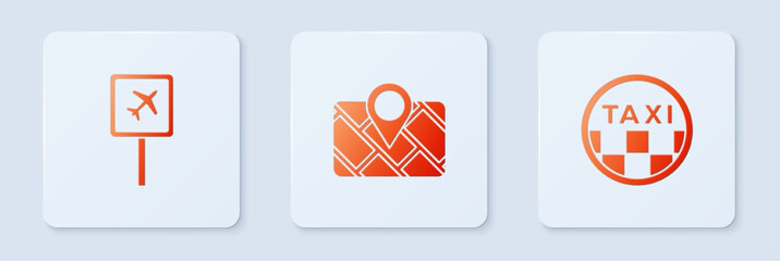 Sticker - Set Gps device with map, Airport and Taxi car roof. White square button. Vector