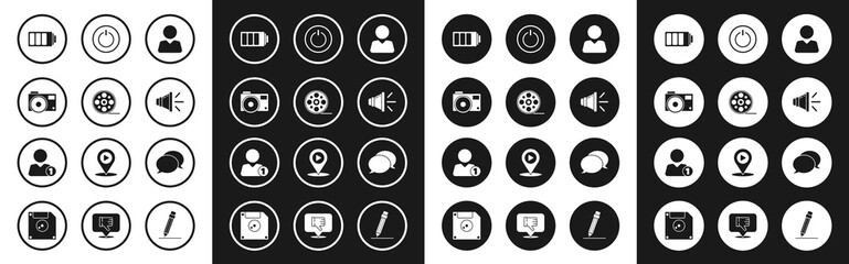 Wall Mural - Set Add to friend, Film reel, Photo camera, Battery charge level indicator, Speaker volume, Power button, Speech bubble chat and icon. Vector