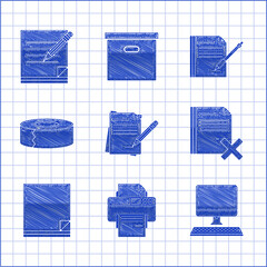 Sticker - Set Blank notebook and pencil with eraser, Printer, Computer monitor keyboard, Delete file document, File, Scotch, and icon. Vector