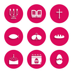 Sticker - Set Easter eggs, Calendar with, Broken, Bread loaf, cake and candle, Christian fish, cross and Candelabrum candlesticks icon. Vector