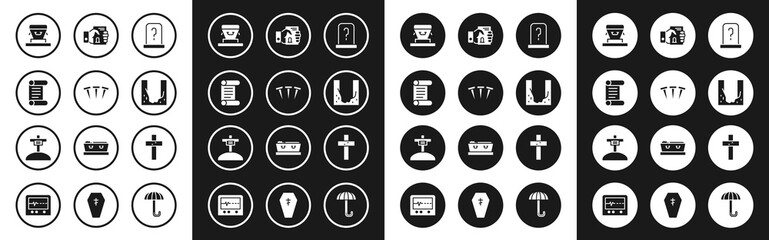 Sticker - Set Grave with tombstone, Metallic nails, Decree, parchment, scroll, Coffin, Cemetery digged grave hole, Death certificate hand, Christian cross and icon. Vector