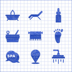 Canvas Print - Set Towel on hanger, Massage, Shower head, Foot massage, Spa salon, Sauna bucket and ladle, Essential oil bottle and Aroma candle icon. Vector