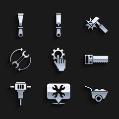 Sticker - Set Settings in the hand, Location with wrench, Wheelbarrow, Hand saw, Construction jackhammer, Wrench arrows as workflow, Hammer and Putty knife icon. Vector